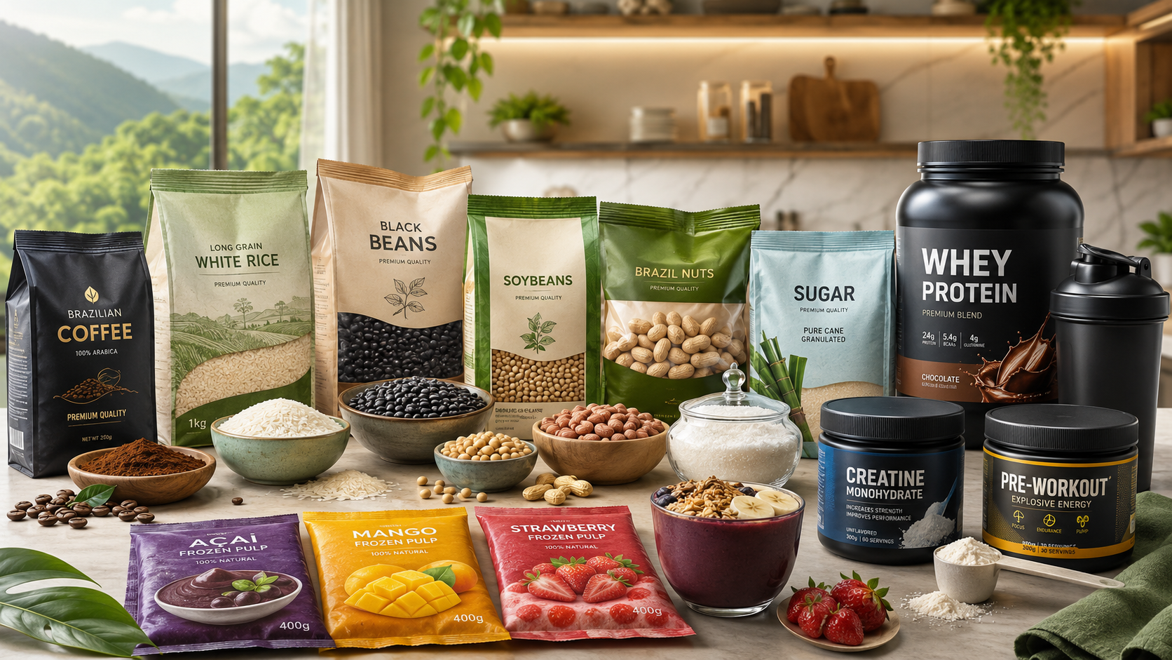 Brazilian export abundance: coffee, rice, beans, soy, peanuts, sugar, frozen fruit pulp, whey protein, creatine, sports nutrition